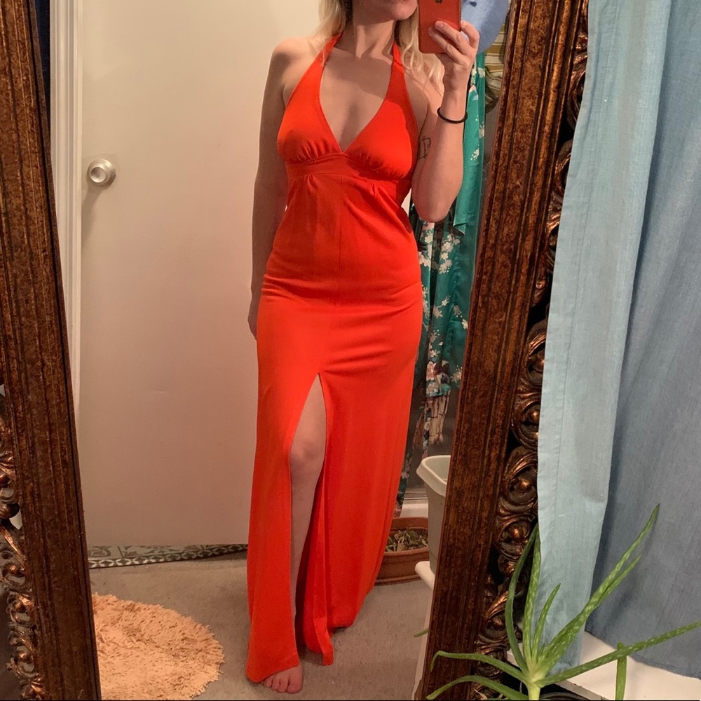 Vintage 70s Halter Plunge Maxi Dress Leg Slit S